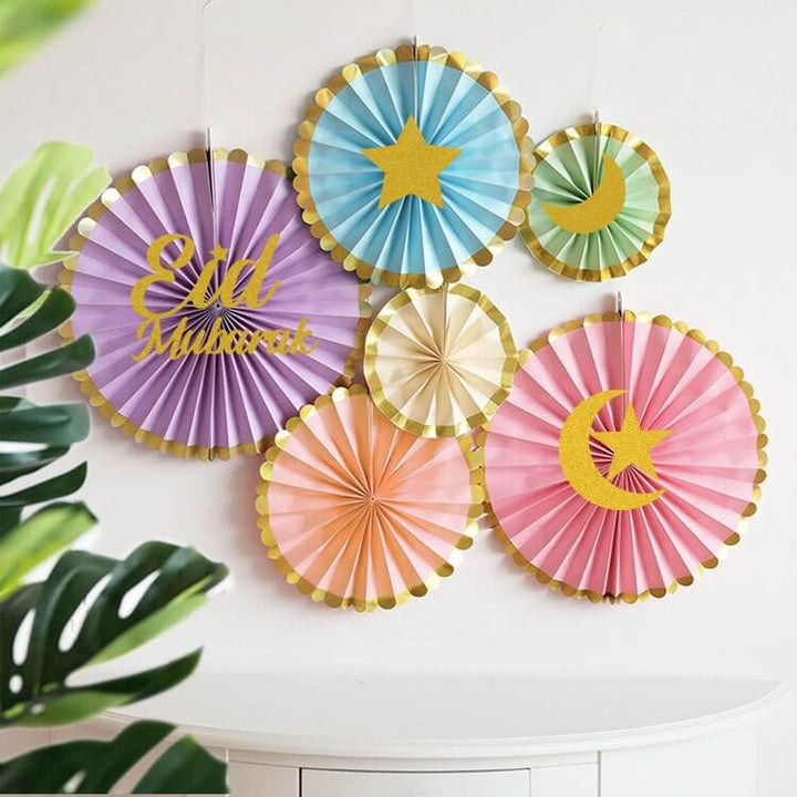 Eid Mubarak Paper Fans -  Rainbow 6 Piece