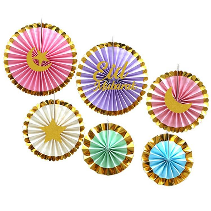 Eid Mubarak Paper Fans -  Rainbow 6 Piece